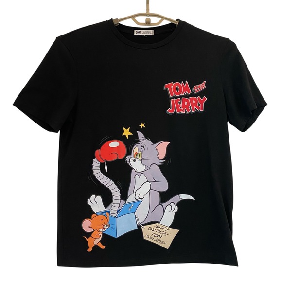 Tom & Jerry T-Shirt Cartoon Graphic Tee Black Retro Men Medium Classic Birthday - Picture 1 of 12
